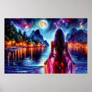 Poster Mulher fantasia tropical ao luar no paraíso