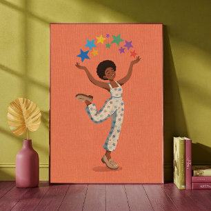 Poster Mulher Feliz Dançando com Estrelas Coloridas Impre