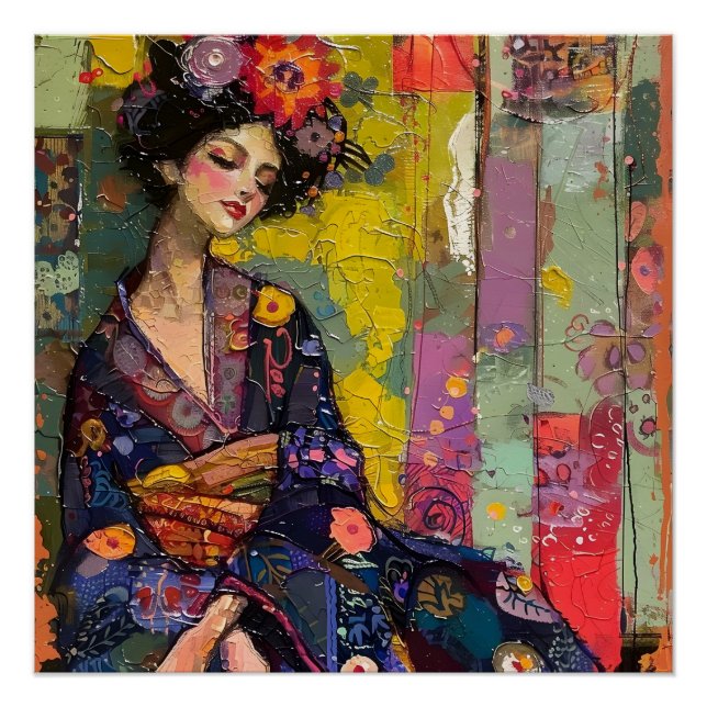 Pôster Mulher Feliz de Kimono (Frente)