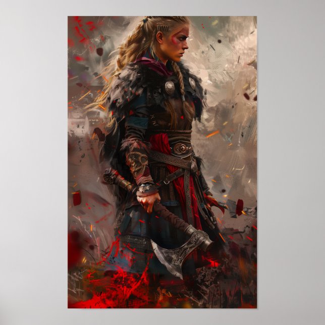 Poster Mulher feroz Viking Warrior Segurando Viking Ax Po (Frente)