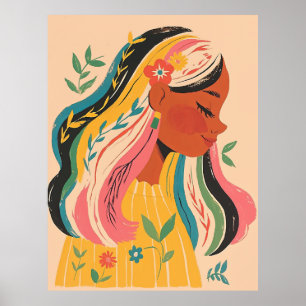 Poster Mulher Garota Fofa Ilustração Floral Boho