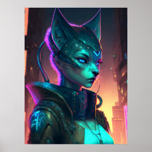 Mulher-gato Cyberpunk na cidade de neon