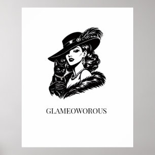 Poster Mulher Glamurosa com Ilustração de Moda de Gato