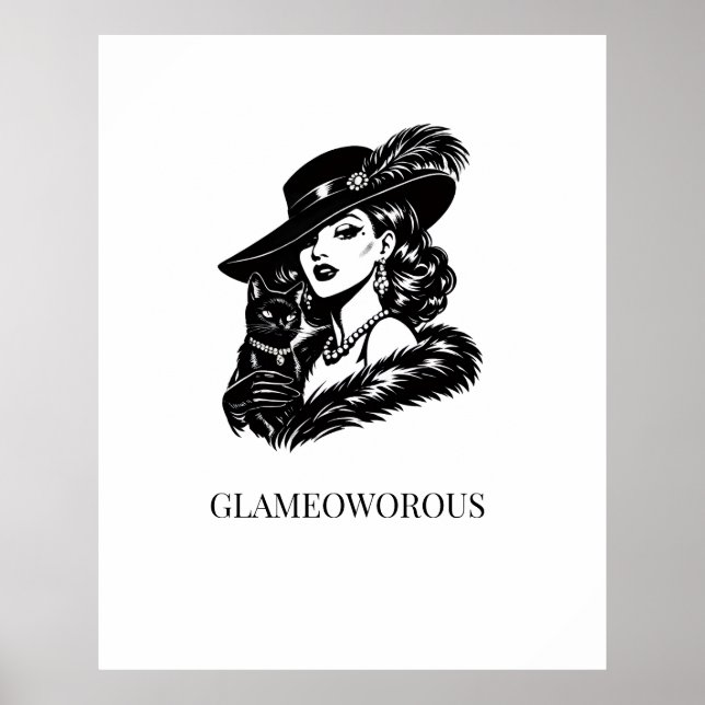 Poster Mulher Glamurosa com Ilustração de Moda de Gato (Frente)