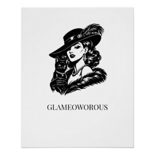 Pôster Mulher Glamurosa com Ilustração de Moda de Gato