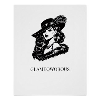 Pôster Mulher Glamurosa com Ilustração de Moda de Gato