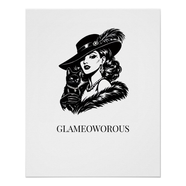 Pôster Mulher Glamurosa com Ilustração de Moda de Gato (Frente)