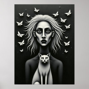Poster Mulher Gótica Borboletas e Gato Surrealista Sombri
