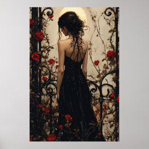 Poster Mulher Gótica de Vestido Preto Entre Rosas Vermelh