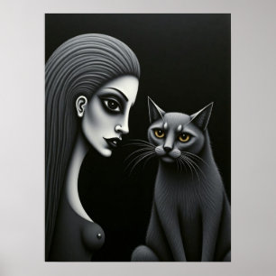 Poster Mulher Gótica e Gato Escuro Monocromático Arte Fin