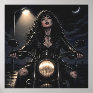 Poster Mulher Gótica Romântica e Bonita em Motocicleta