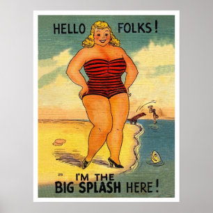 Poster Mulher grande na praia, vintage engraçado