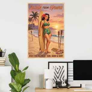 Poster Mulher Havaiana Estilo Retrô Pin Up