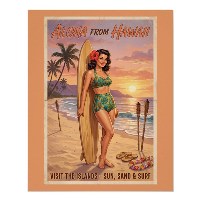 Pôster Mulher Havaiana Estilo Retrô Pin Up (Frente)