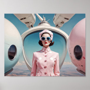 Poster Mulher-hospedeira do Futurismo Retro em rosa, 1950