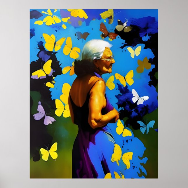 Poster Mulher Idosa e Borboletas (Frente)