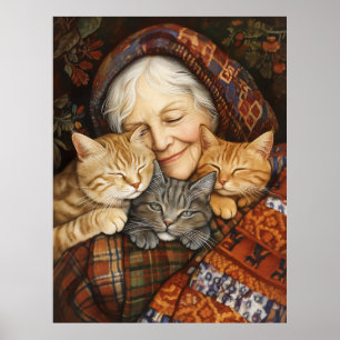 Poster Mulher Idosa Embarcando Três Gatos Cozy