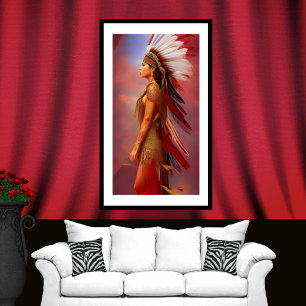 Poster mulher índia americana penas vermelhas douradas az