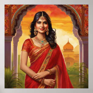 Poster Mulher indiana no templo vestindo um saree tradici