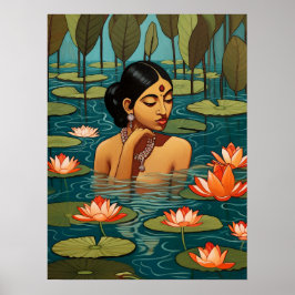 Poster Mulher indiana num lago rodeado por flores de lótu