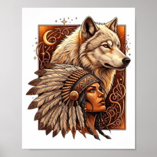 Poster Mulher Indígena Americana Nativa Com Vitag de Lobo