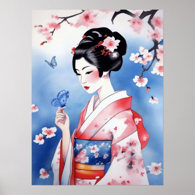 Poster Mulher japonesa com borboleta azul (Frente)