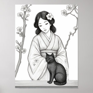 Poster Mulher Japonesa com Gato Preto
