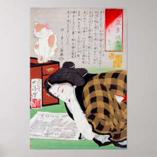 Pôster Mulher japonesa com gato, Tsukioka Yoshitoshi