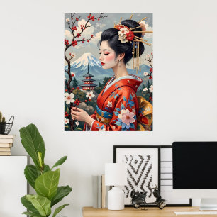 Poster Mulher Japonesa com o Monte Fuji