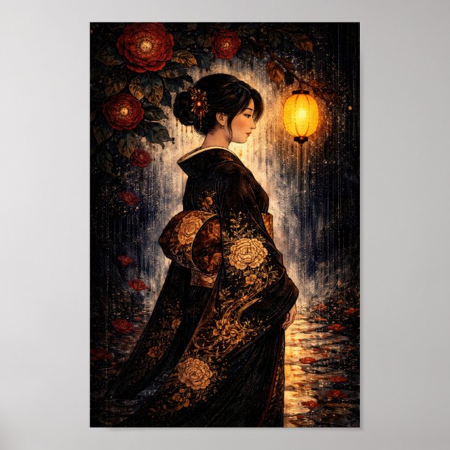 Poster Mulher japonesa de quimono Lanterna Noite Chuva Ar (Frente)