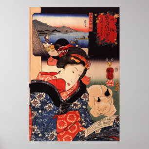 Poster Mulher japonesa e gato que lêem o papel