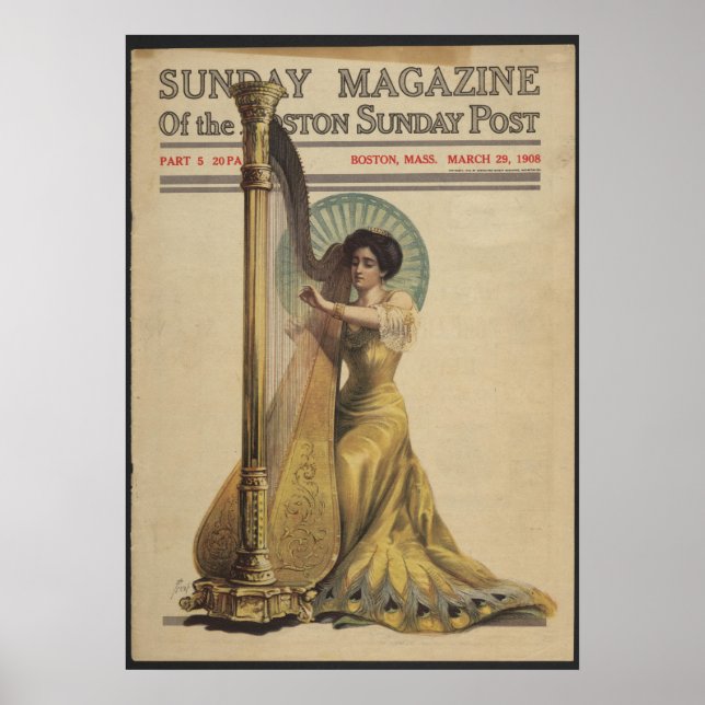 Poster Mulher, Jogando Harp, Cobrir da Revista 1908 (Frente)