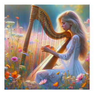 Pôster Mulher jogando harpa em flores silvestres