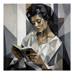 Pôster Mulher Jovem Lendo um Livro Forma de Arte Cubista