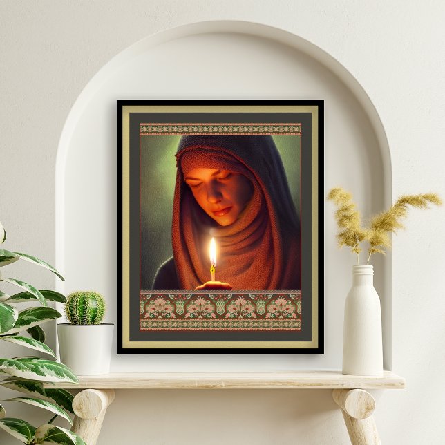 Poster Mulher Judia de Belas Artes com Arte em Velas (Vintage Jewish Fine Art, Woman with head scarf holding a candle, bowing her head in prayer. )