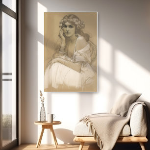 Poster Mulher Lápis Crayon Branco Estudo de Retrato Mucha