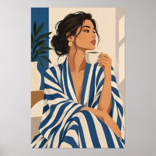 Poster Mulher Listrada Azul e Branca com Café Moderno Wa