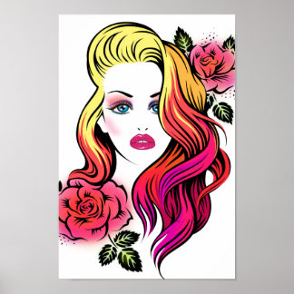 Poster Mulher loira olhos azuis com rosa e cabelo arco-ír