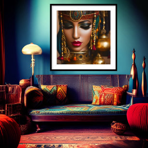 Poster Mulher marroquina joia verde Dourada vermelha rust