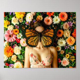 Poster Mulher-máscara de borboleta surreal no jardim flor