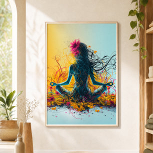 Poster Mulher Meditando Pose de Lótus Flores Coloridas