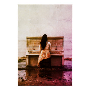 Pôster Mulher Melancólica Tocando Piano à Beira-Mar