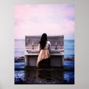 Poster Mulher Melancólica Tocando Piano à Beira-Mar