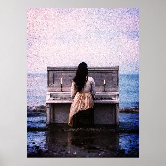 Poster Mulher Melancólica Tocando Piano à Beira-Mar (Frente)
