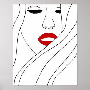 Poster Mulher Minimalista Com Arte Linear De Lábios Verme