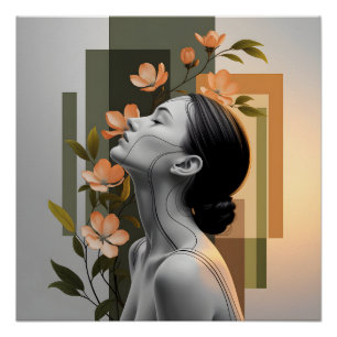 Pôster Mulher Minimalista Perfil com Elegância Botânica