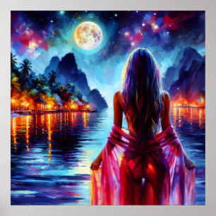 Poster Mulher mística sob reflexos da lua cheia arte