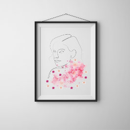 Poster Mulher Moderna com Flores Rosa Arte de Linha