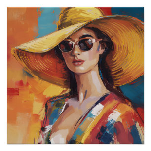 Pôster Mulher Moderna Ousada em Chapéu Dourado Retrato Ab