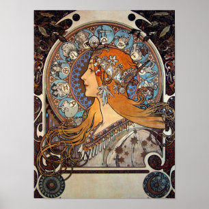 Poster Mulher Mucha Arte Nova Pluma Zodíaco Vintage